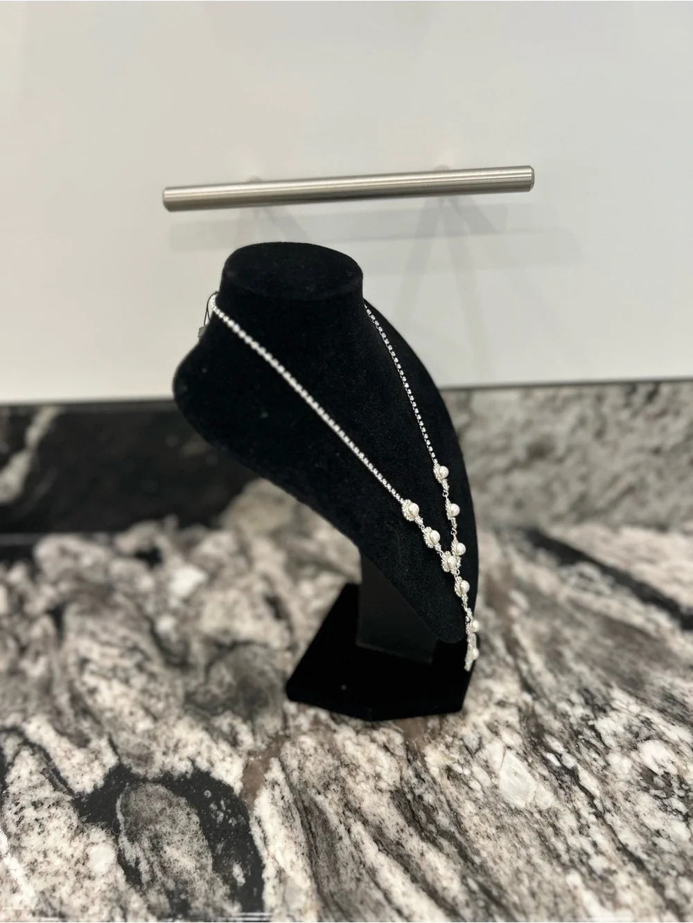 Pearl and Crystal Y-Drop Necklace - Silver Tone Sensitive Skin